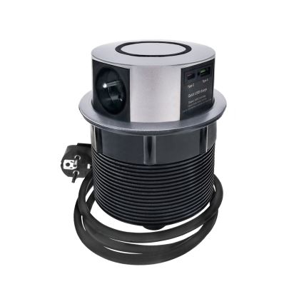 Stikkontaktsøjle m. trådløs Qi-opladning til bordplade 3x230V + 1xUSB-A + 1xUSB-C
