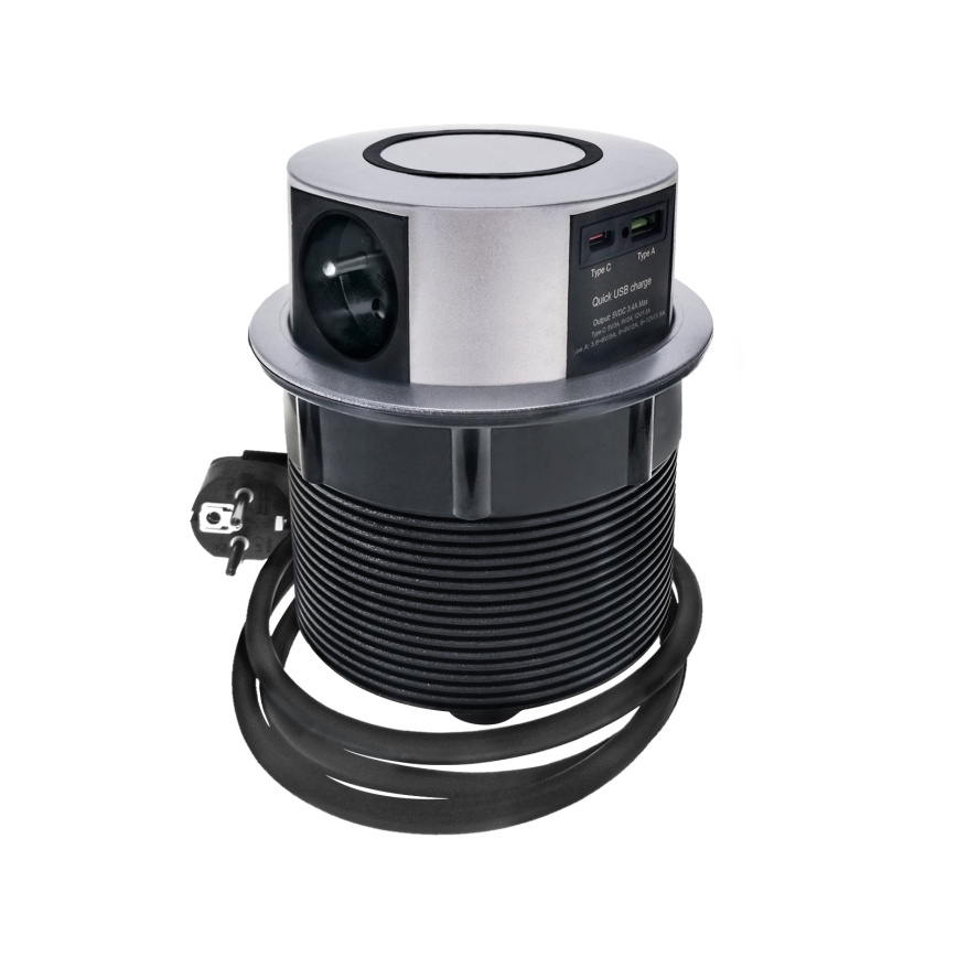 Stikkontaktsøjle m. trådløs Qi-opladning til bordplade 3x230V + 1xUSB-A + 1xUSB-C