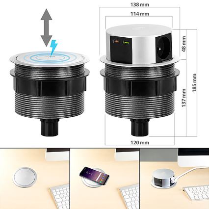Stikkontaktsøjle m. trådløs Qi-opladning til bordplade 3x230V + 1xUSB-A + 1xUSB-C