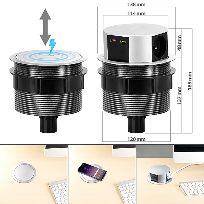 Stikkontaktsøjle m. trådløs Qi-opladning til bordplade 3x230V + 1xUSB-A + 1xUSB-C