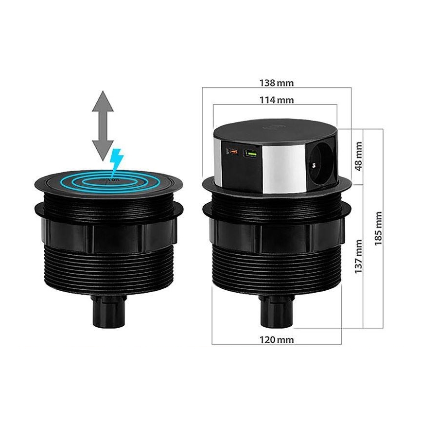 Stikdåse til bordplade 3x230V + 2xUSB + trådløs opladning