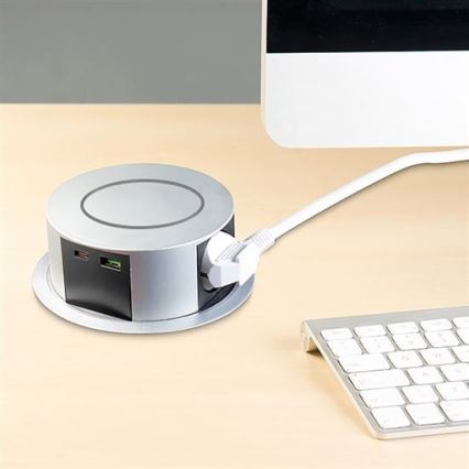 Stikdåse til bordplade 3x230V + 2xUSB + trådløs opladning