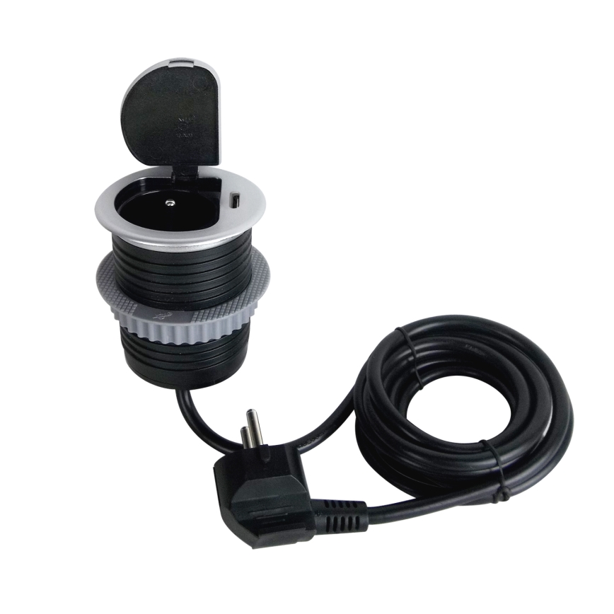 Stikdåse til bordplade 1x230V + USB-C Power Delivery sølvfarvet/sort