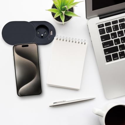 Indbygningsstikdåse med skydelåg 20W 1x udtag + USB A+C sort