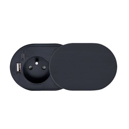 Indbygningsstikdåse med skydelåg 20W 1x udtag + USB A+C sort