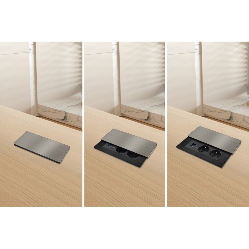 Indbygget stikkontakt med trådløs opladning 65W, 2 udtag + USB-A + USB-C