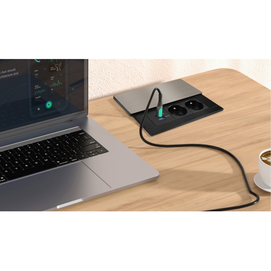 Indbygget stikkontakt med trådløs opladning 65W, 2 udtag + USB-A + USB-C