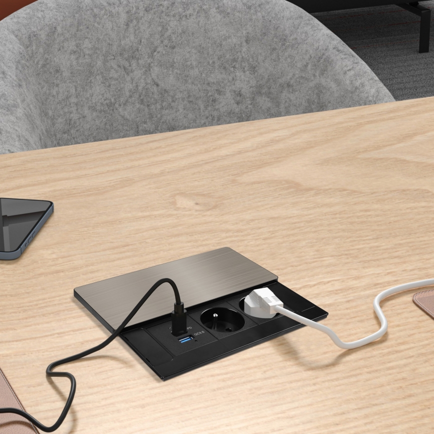 Indbygget stikkontakt med trådløs opladning 65W, 2 udtag + USB-A + USB-C