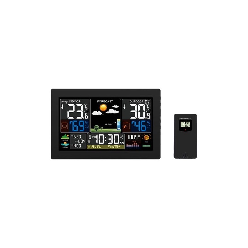 Vejrstation m. LCD-farvedisplay 230V/2xAA + 2xAA