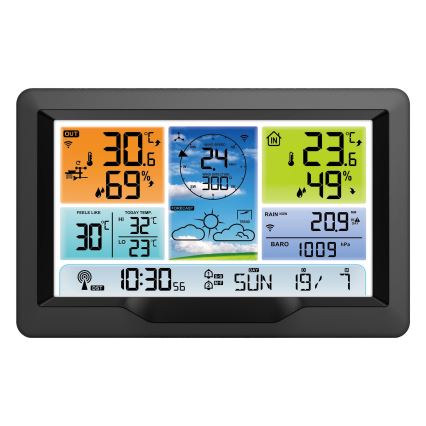 Professionel vejrstation med LCD-farveskærm og vækkeur 5V/2xAA + 3xAA