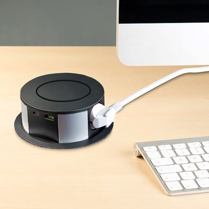 Stikkontaktsøjle m. trådløs Qi-opladning til bordplade 3x230V + 1xUSB-A + 1xUSB-C
