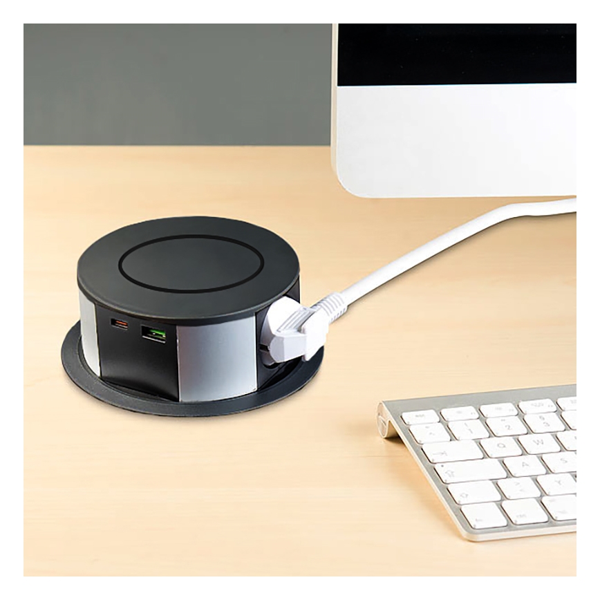 Stikkontaktsøjle m. trådløs Qi-opladning til bordplade 3x230V + 1xUSB-A + 1xUSB-C