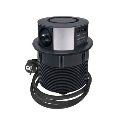 Stikkontaktsøjle m. trådløs Qi-opladning til bordplade 3x230V + 1xUSB-A + 1xUSB-C