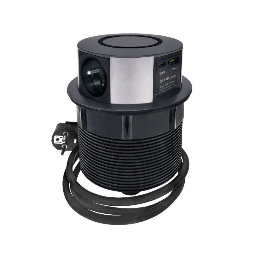 Stikkontaktsøjle m. trådløs Qi-opladning til bordplade 3x230V + 1xUSB-A + 1xUSB-C