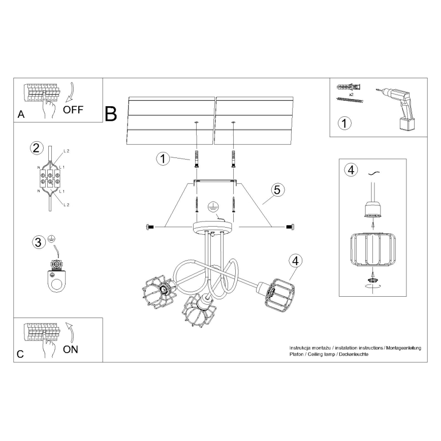 Loftlampe på stang BELUCI 3xE14/40W/230V sort