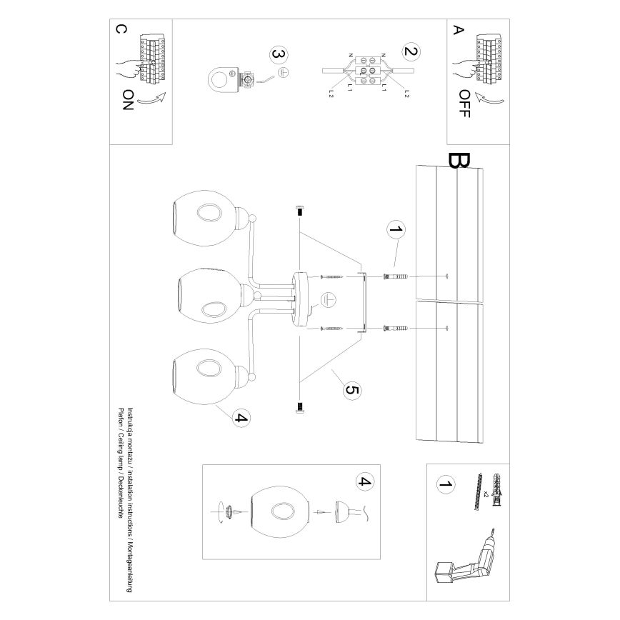 Loftlampe på stang FILLAN 3xE27/60W/230V sort