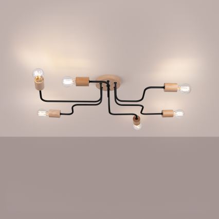 Loftlampe TIMBO 6xE27/15W/230V sort/beige/bøg