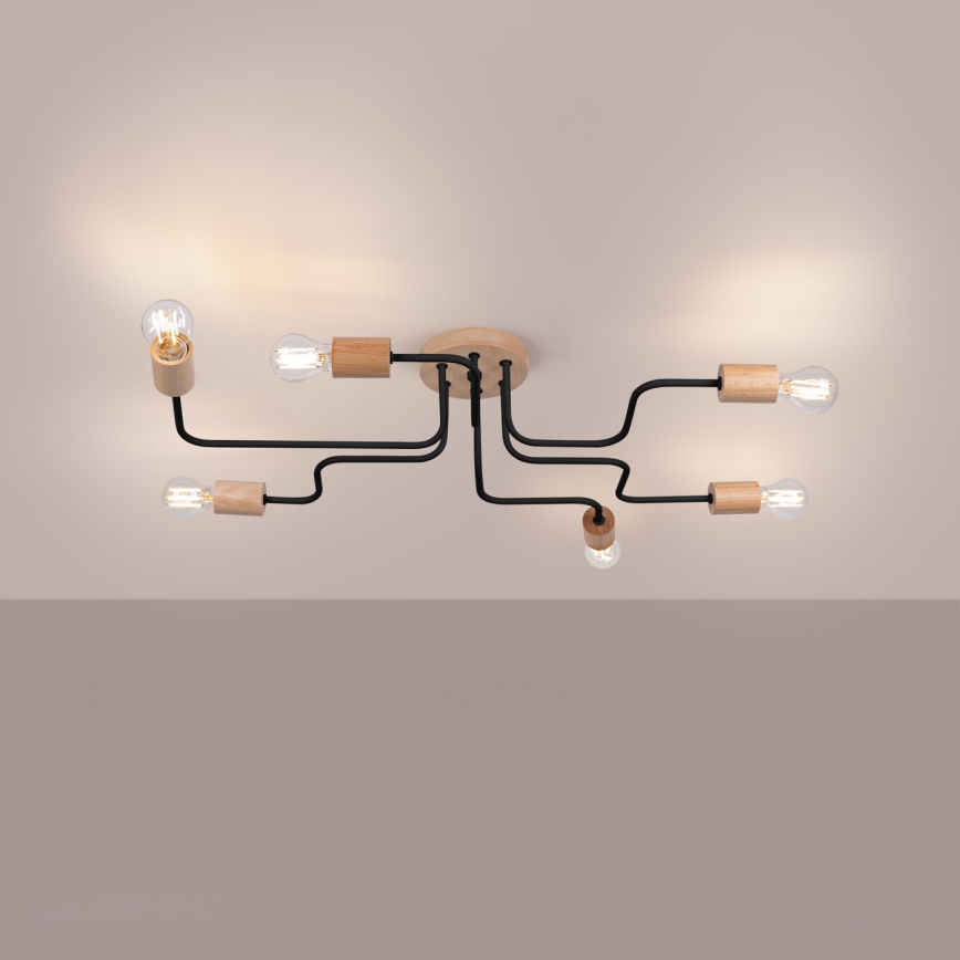 Loftlampe TIMBO 6xE27/15W/230V sort/beige/bøg