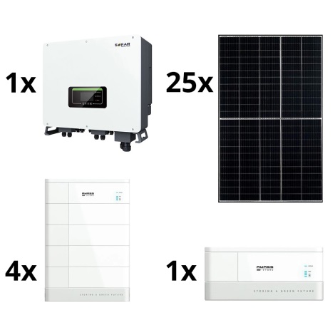 Solpanelsæt: 25x solcellepanel + 4x batteri + hybridinverter + base med batterikontrolenhed