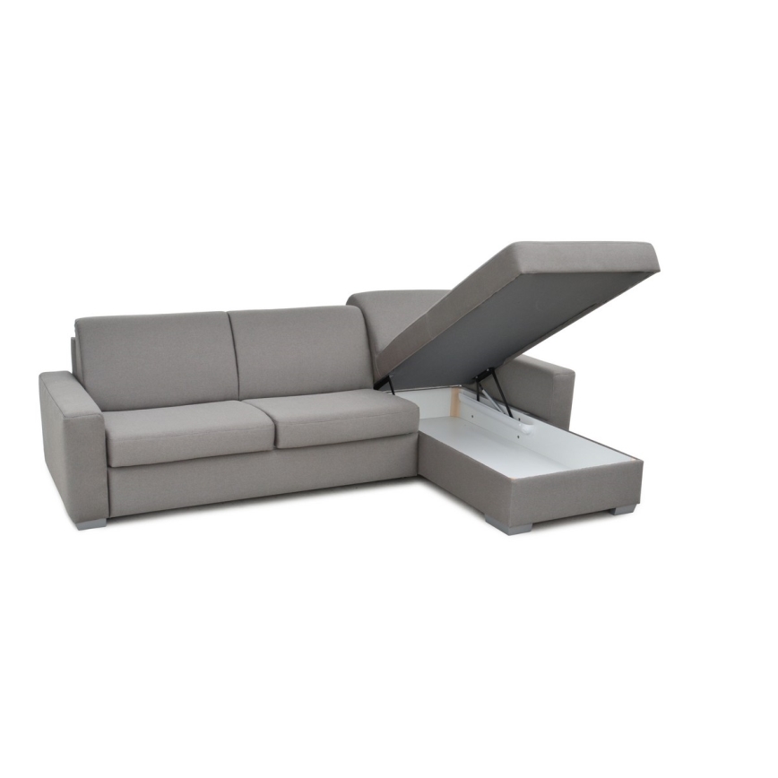 Sovesofa med chaiselong til daglig brug med opbevaringsplads, L-formet, LEKA højre, grå