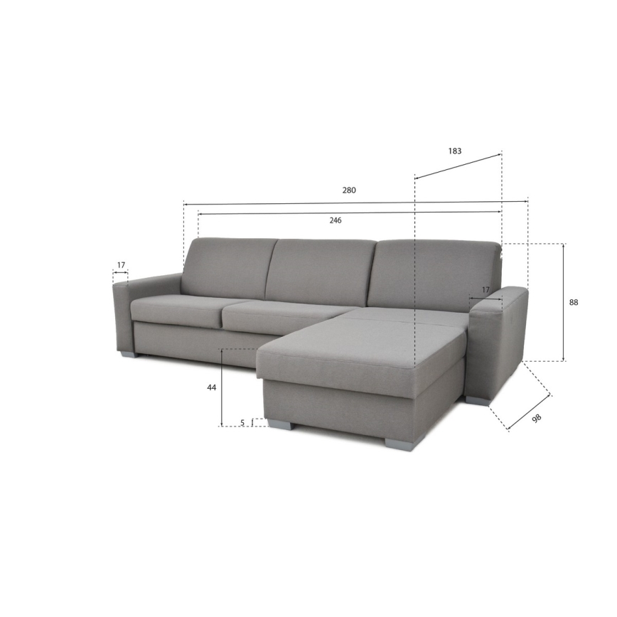 Sovesofa med chaiselong til daglig brug med opbevaringsplads, L-formet, LEKA højre, grå