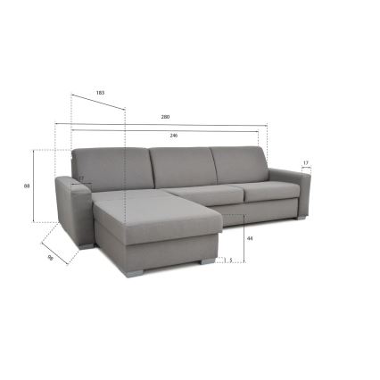 Sovesofa med chaiselong til daglig brug med opbevaringsplads, L-formet LEKA venstre, grå