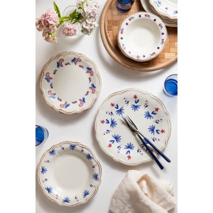Spisestel 24 dele hvid/blå/rød/porcelæn