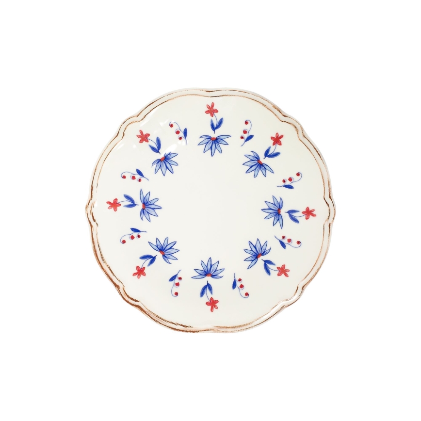 Spisestel 24 dele hvid/blå/rød/porcelæn