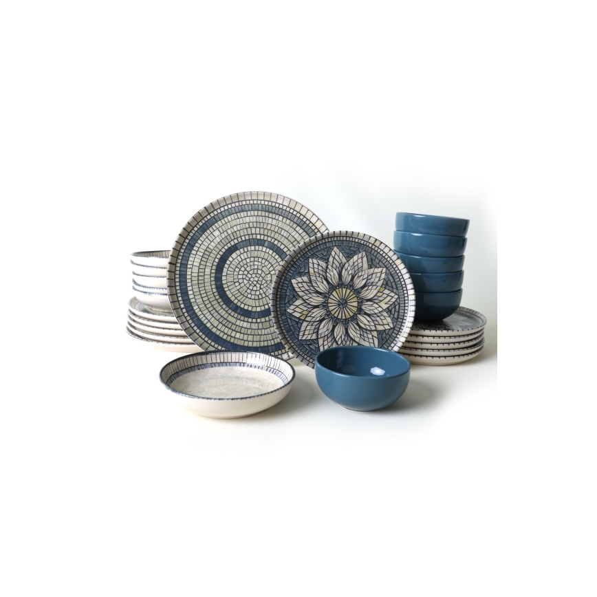 Spisesæt 24 dele blå/creme/stentøj