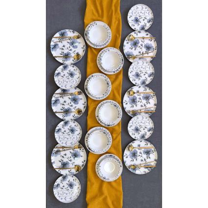 Spisesæt 24 dele, hvid/blå, keramik