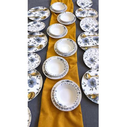 Spisesæt 24 dele, hvid/blå, keramik