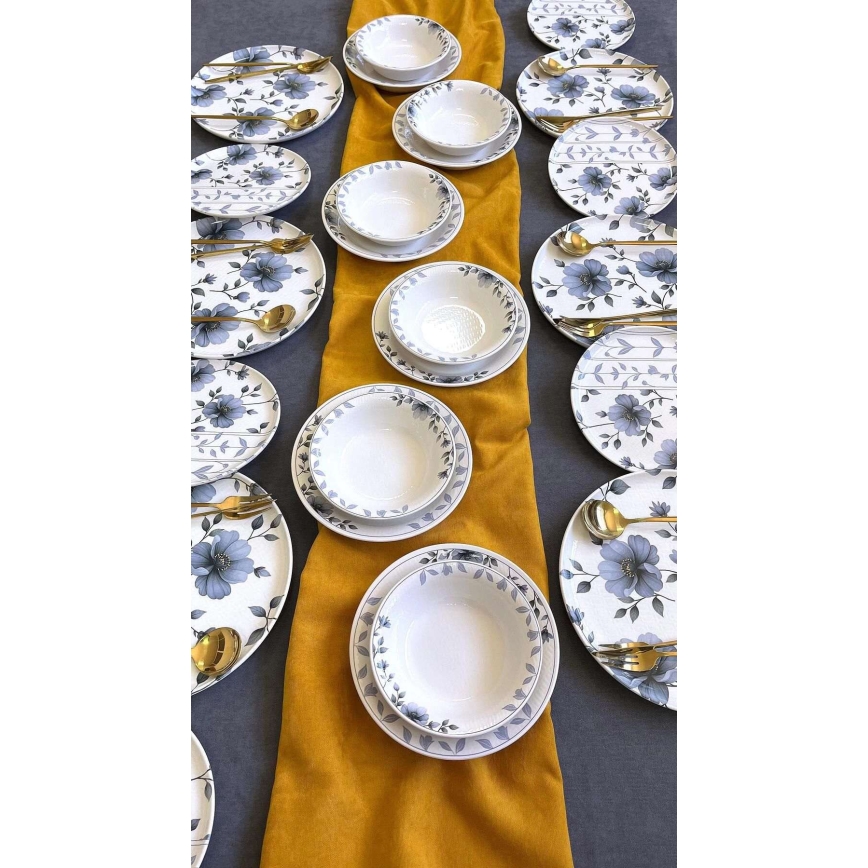 Spisesæt 24 dele, hvid/blå, keramik