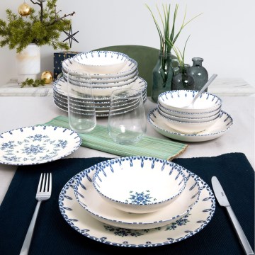 Spisesæt, 24 dele, hvid/blå, porcelæn