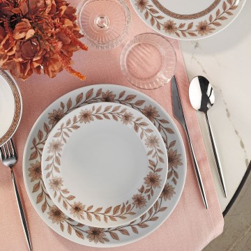 Spisesæt, 24 dele – hvid/brun, porcelæn