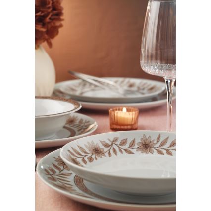 Spisesæt, 24 dele – hvid/brun, porcelæn