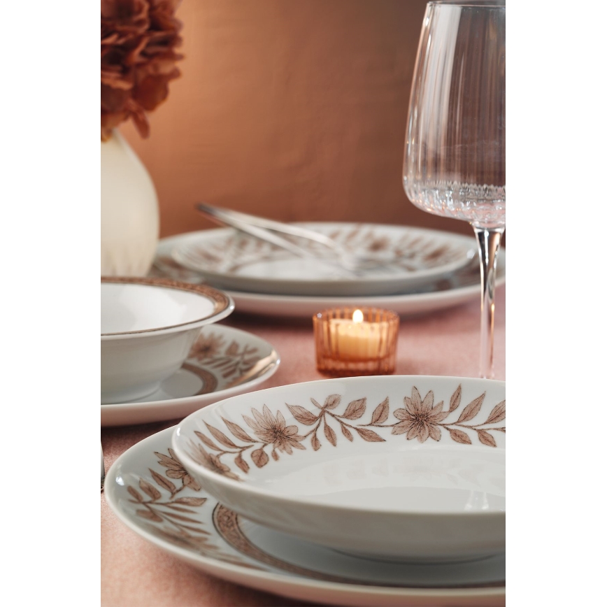 Spisesæt, 24 dele – hvid/brun, porcelæn