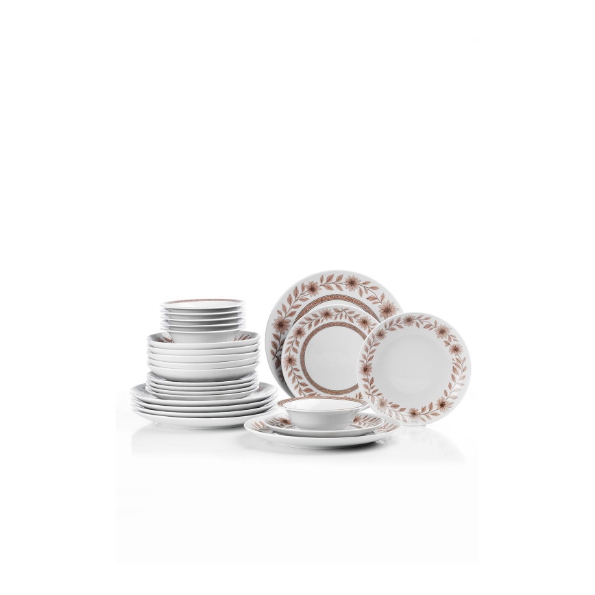 Spisesæt, 24 dele – hvid/brun, porcelæn