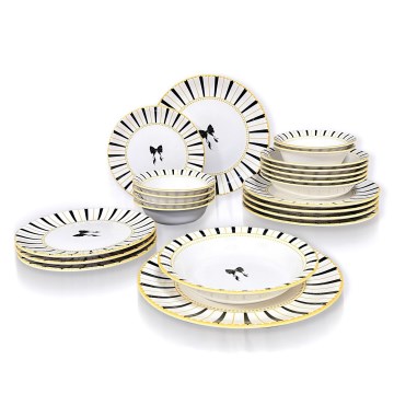 Spisesæt, 24 dele, hvid/sort/guld, i keramik