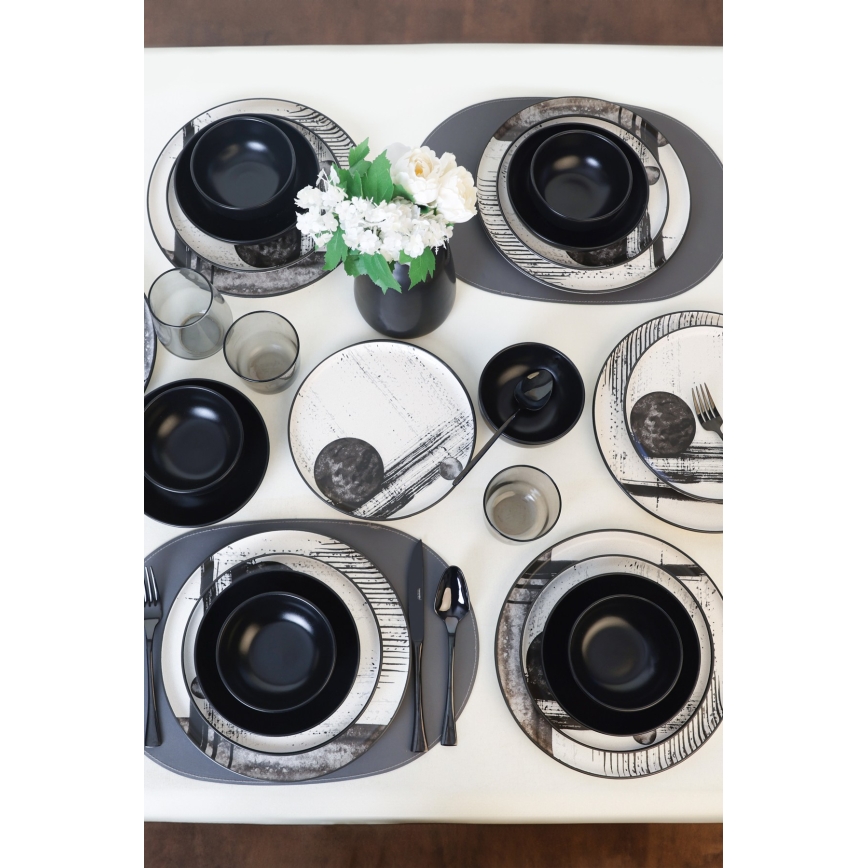Spisesæt 24 dele hvid/sort/stentøj