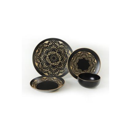 Spisesæt, 24 dele, sort/guld, keramik