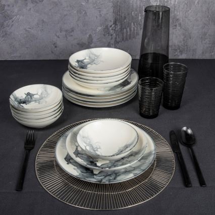 Spisesæt 24-delt hvid/sort/porcelæn