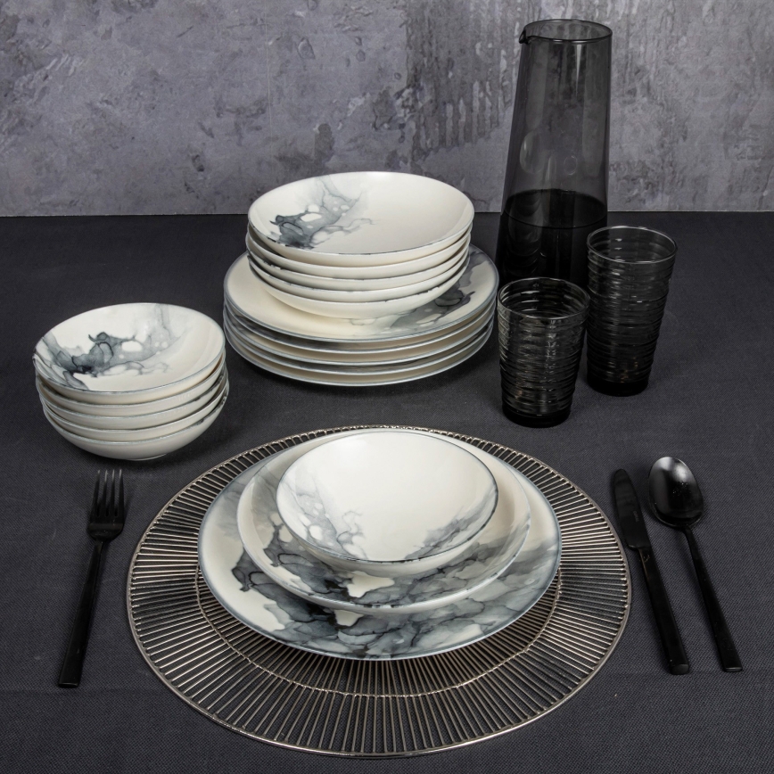 Spisesæt 24-delt hvid/sort/porcelæn