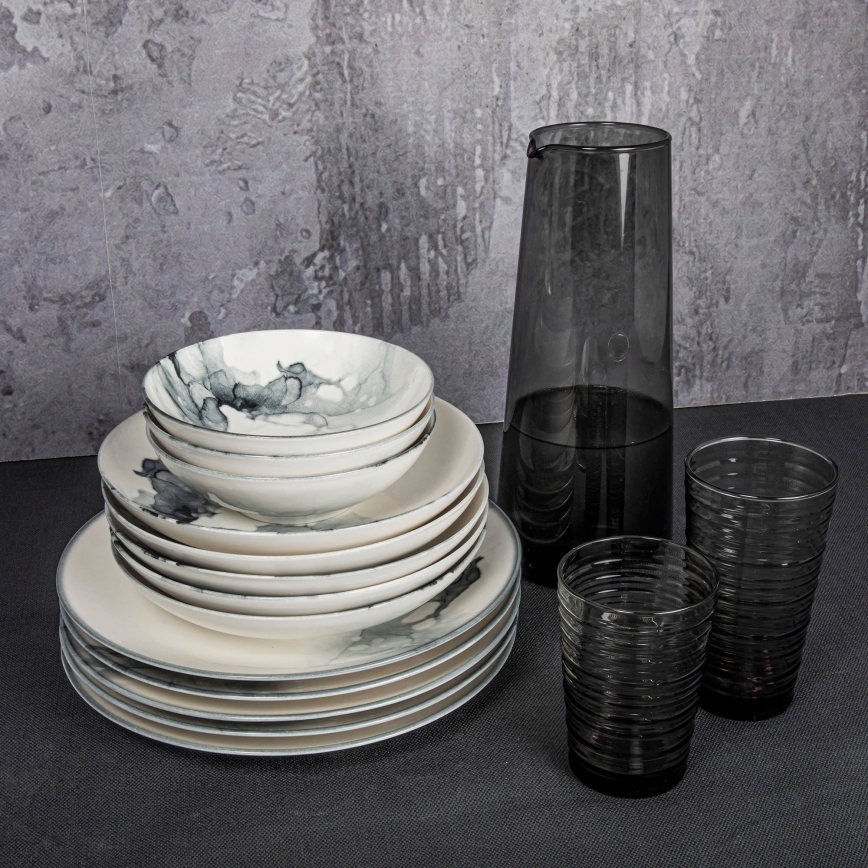 Spisesæt 24-delt hvid/sort/porcelæn
