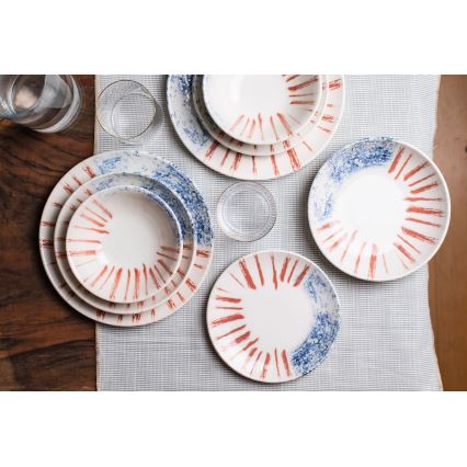 Spisesæt, 24 stk., hvid/rød/blå, porcelæn
