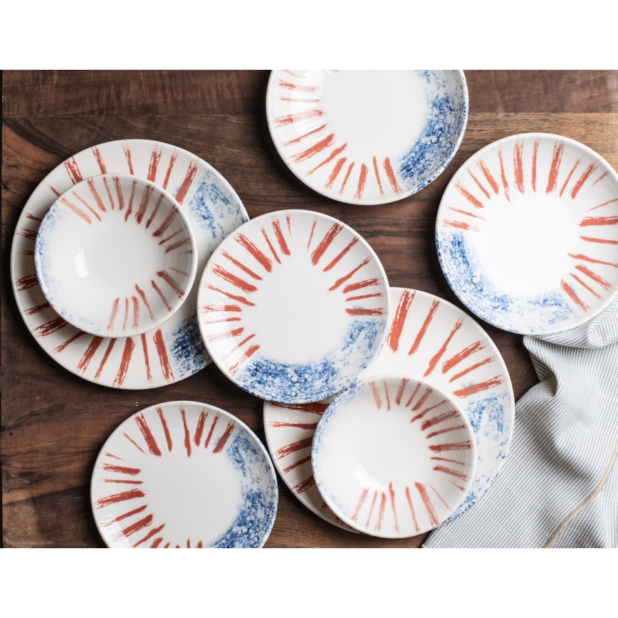 Spisesæt, 24 stk., hvid/rød/blå, porcelæn