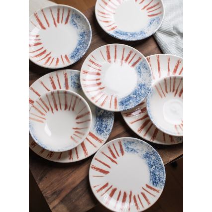 Spisesæt, 24 stk., hvid/rød/blå, porcelæn