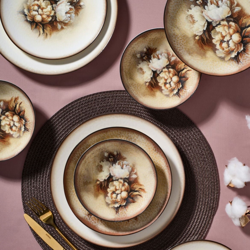 Spisesæt 26 dele beige/brun/hvid/porcelæn