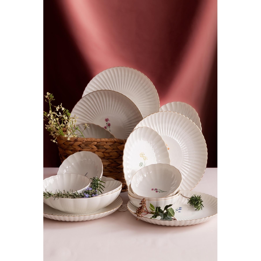 Spisesæt, 27 dele – hvidt porcelæn med gulddetaljer