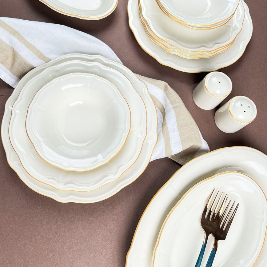 Spisesæt, 53 dele, hvid/guld, porcelæn