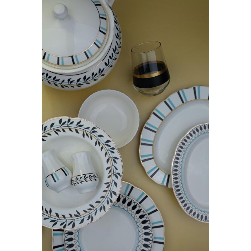 Spisesæt 62 stk. hvid/blå/sort/porcelæn